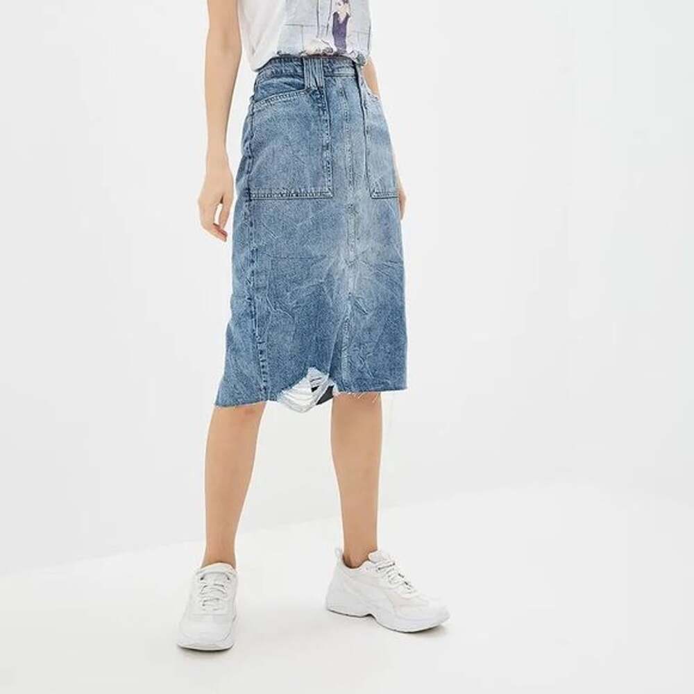 Free People Elisa Pencil Midi Ripped Denim Back Split Skirt Sz 6